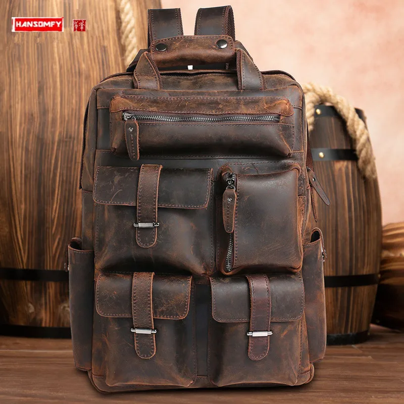 Crazy Horse Leather Men\'s Bag Men\'s Genuine Leather Portable Backpack Large Capacity Outdoor Travel Backpacks Retro Laptop Bags