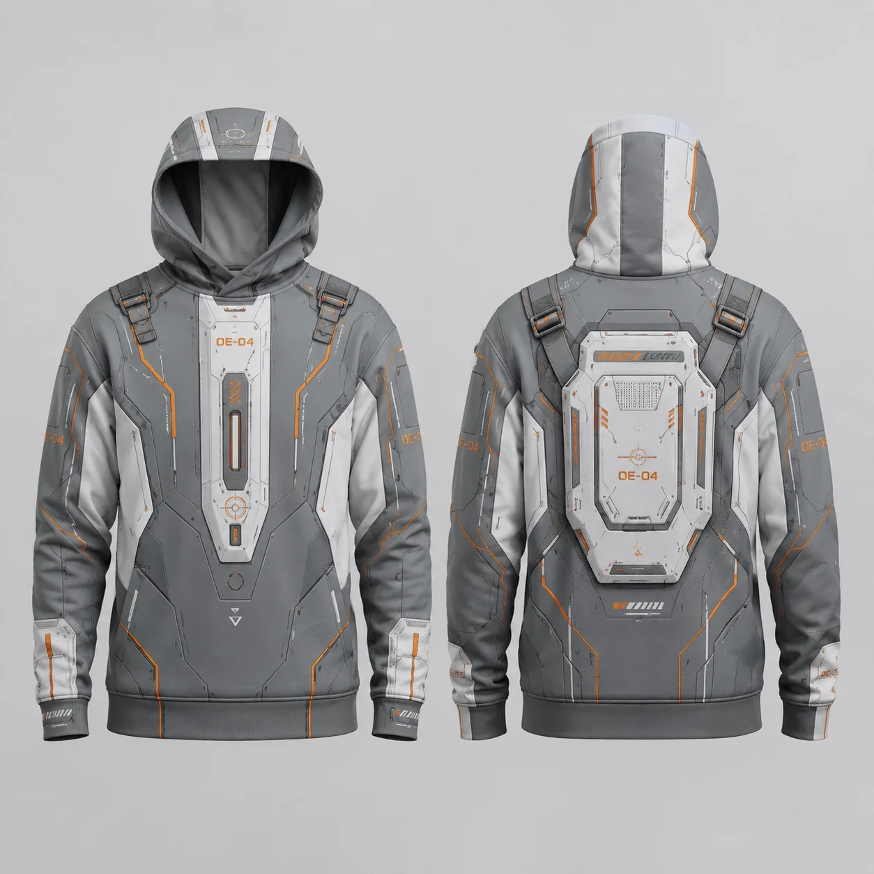 Futuristic Space Suit Style Hoodie Men White Gray Orange 3D Sublimation Print Flat Graphic Pullover Sweatshirt Techwear