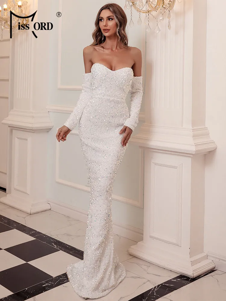 Missord White Wedding Party Dress Women Elegant Off the Shoulder Long Sleeves Sequin Bodycon Maxi Evening Prom Formal Dress Gown