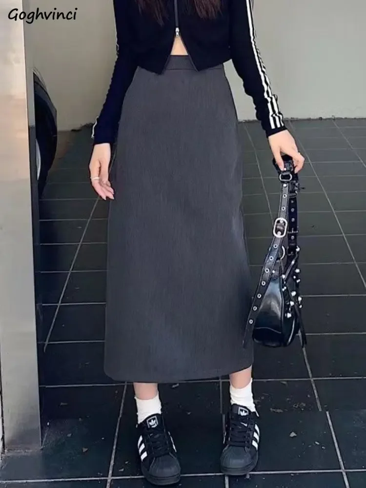 

Юбки женские до середины икры однотонные с разрезом сзади мешковатые повседневные на молнии темпераментный шикарный базовый корейский стиль простая весенняя уличная одежда универсальные брюки