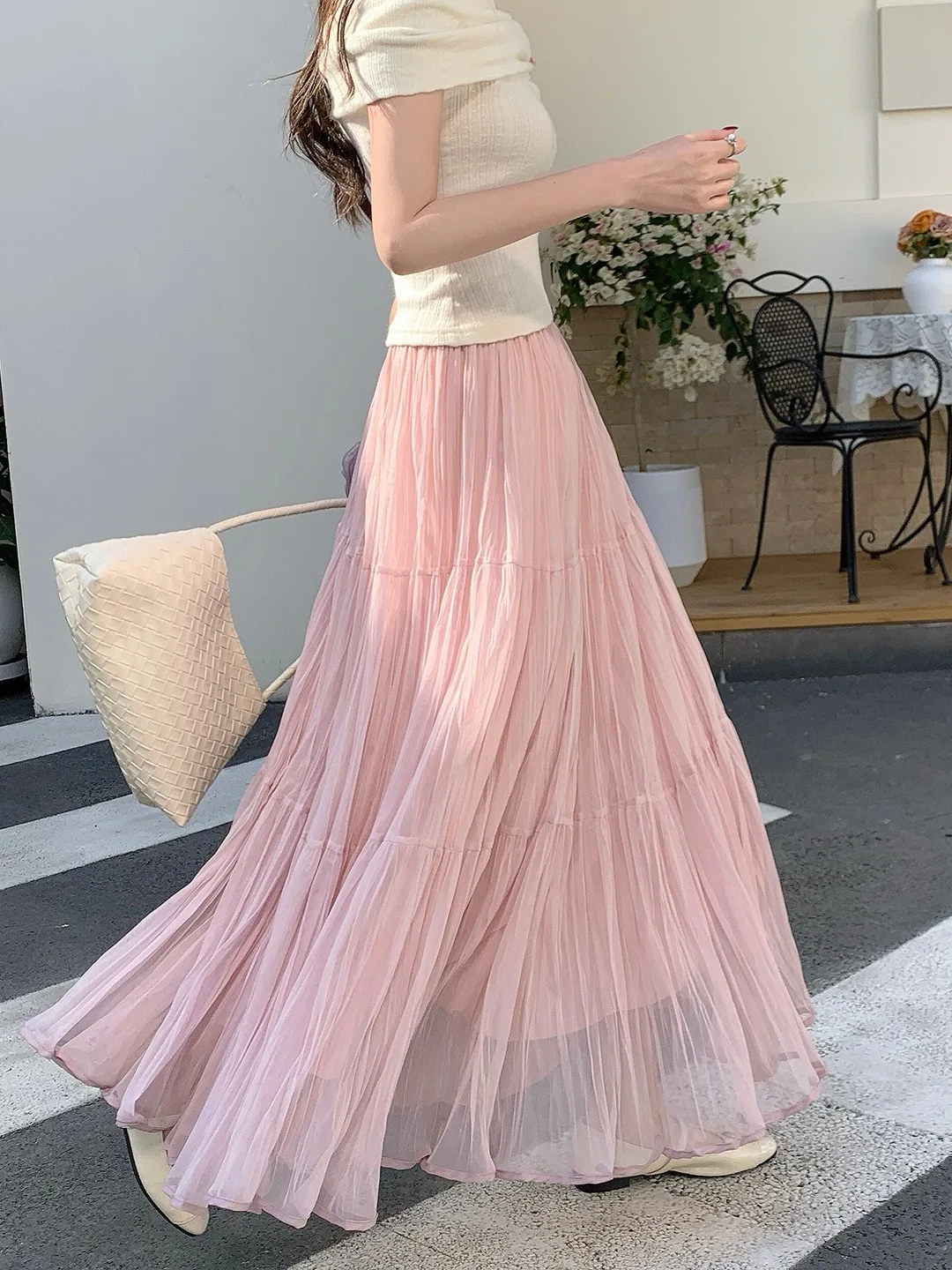 Yellow Mesh Oversized Half Skirt Women's High Waist Slimming Pleated A-Line Cake Long Skirt Summer New Style Commute Korean V...