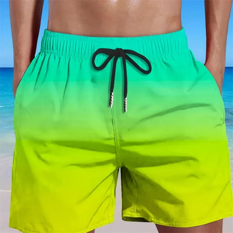 Gradient Color Men\'s Beach Shorts 3D Printed Holiday Swim Trunks Drawstring Sports Gym Plus Size Summer Loose Short Pants