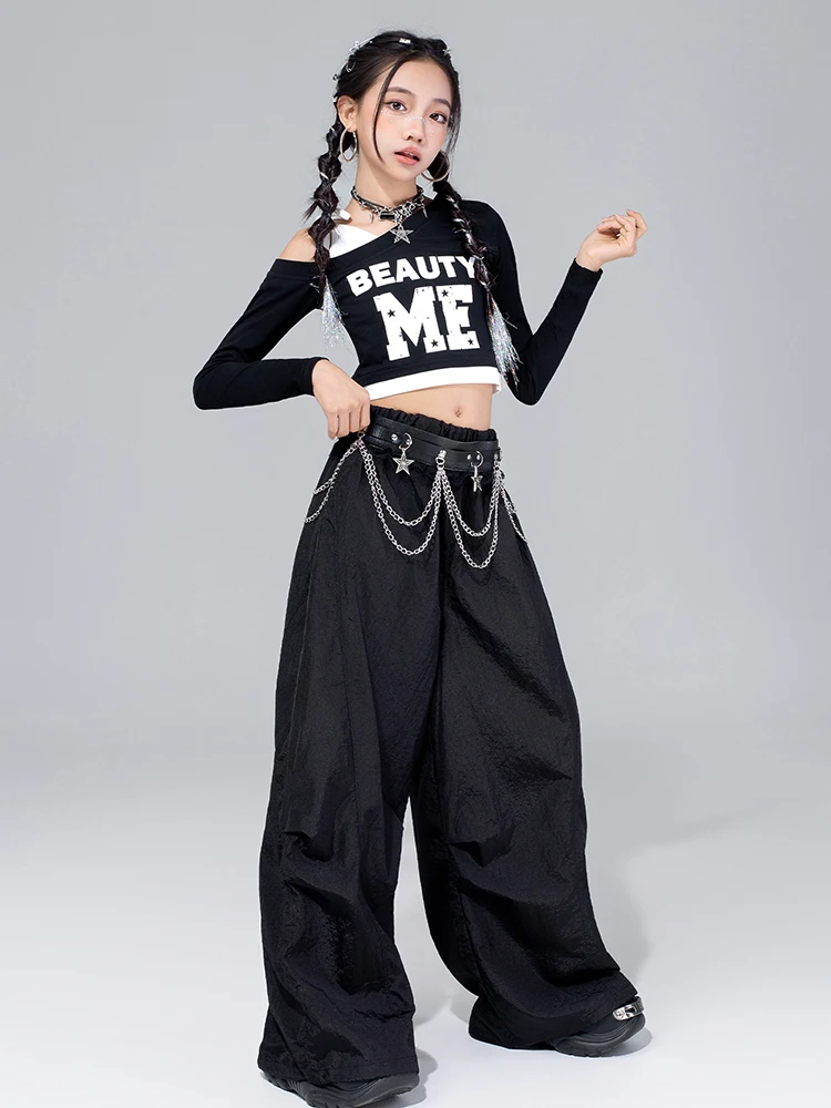 جديد الفتيات Kpop ملابس رقص طفل أداء الجاز الملابس السوداء المحاصيل الأعلى خلط السراويل موضة الهيب هوب الشارع ملابس الرقص VDL4570 #2