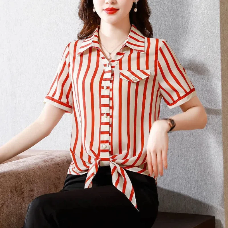 All-match Blouse Women\'s Striped Short Sleeve Fashion Polo Neck Loose Lacing Office Shirt Tops Summer Vintage Casual Clothing