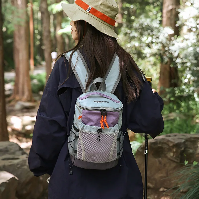 Small Nylon Backpack Gorpcore Vintage Contrast Drawstring Lightweight Outdoor Hiking Travel Daypack School Bag for Women Men