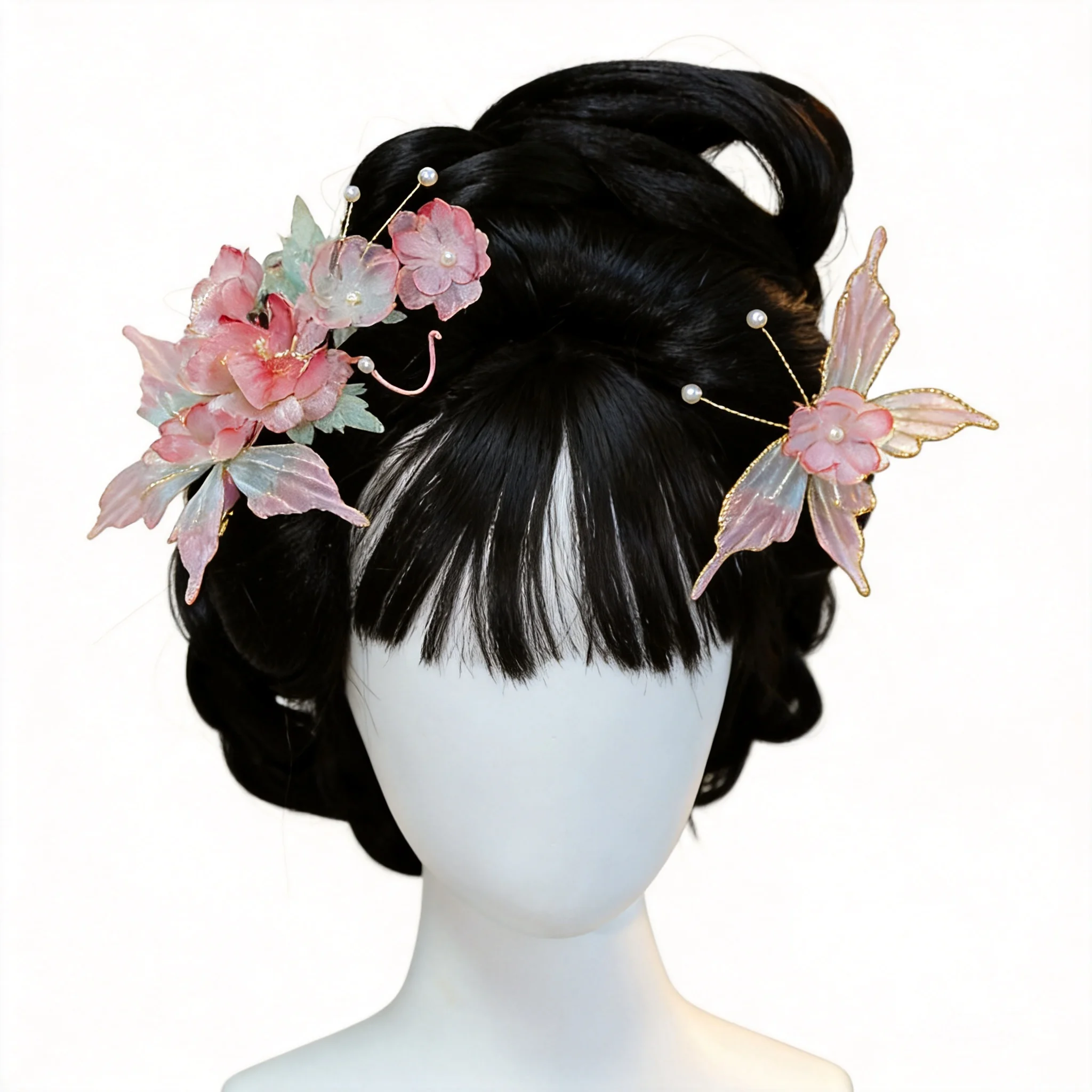 2 Pcs Handmade Chinese Style Pink Organza Butterfly Flower Hair Clips Hanfu Hair Accessories Faux Pearl Decor Hairpins For Women