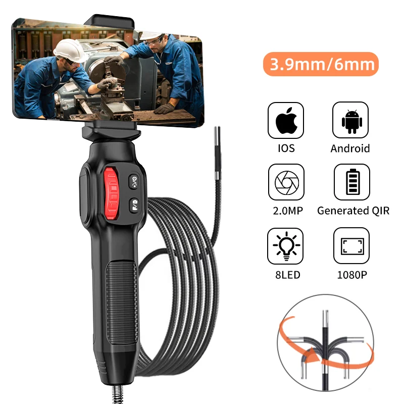 Boroscopio articulado giratorio de 360 grados, canal de vídeo, endoscopio de inspección endoscópica, cabezal de cámara de 3,9mm/6mm