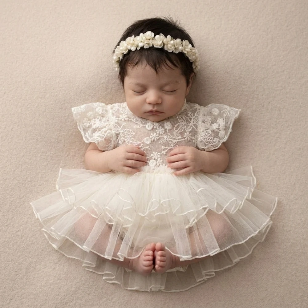 Vintage Newborn Photography Props Cream Lace Romper Ruffle Skirt Infant Photoshoot Costume Princess Studio Wardrobe