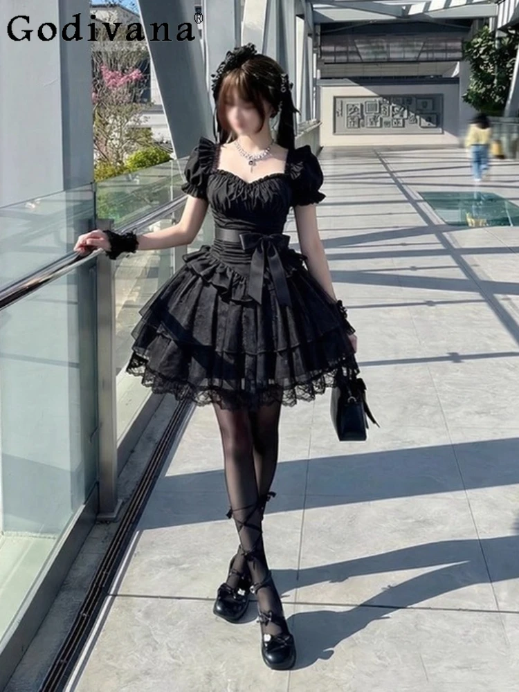 

Готическое платье в стиле Dark Lolita для девочек, элегантное, с коротким рукавом, в японском стиле, для дня рождения, с приталенной талией, утягивающее, пышное мини-платье