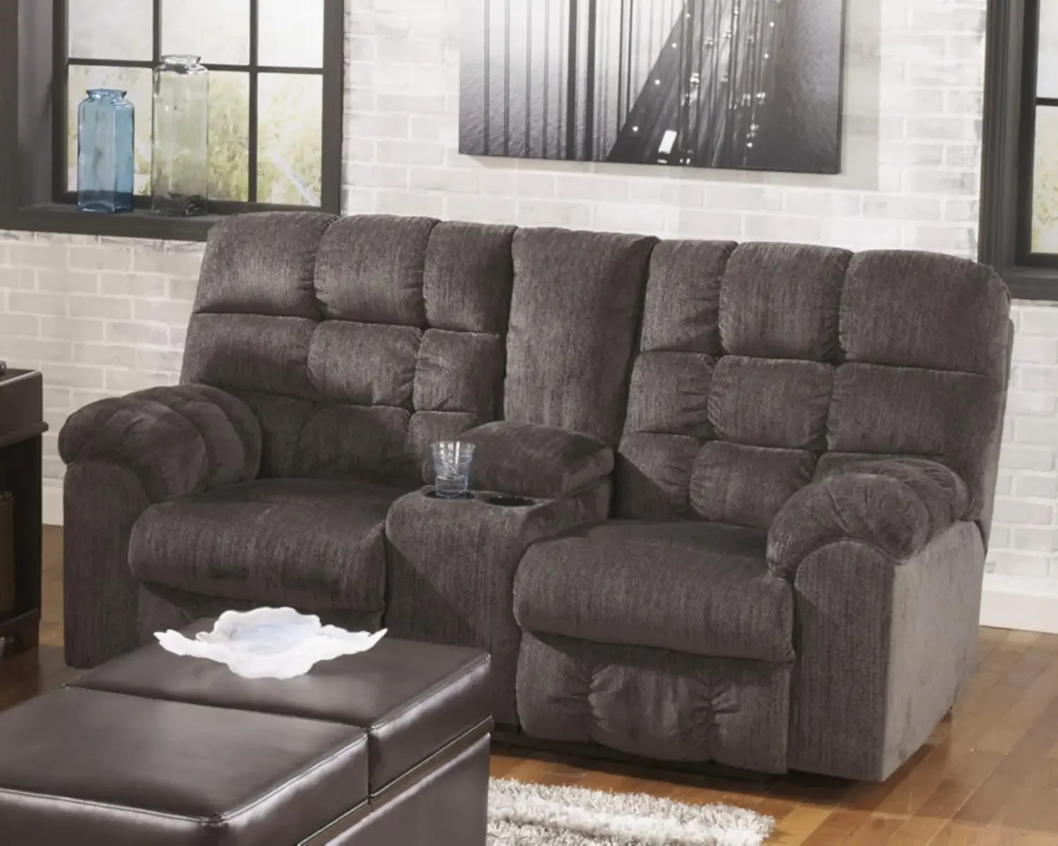 Design by Ashley Acieona Oversized Manual Reclining Loveseat with Center Console & Cup Holders, Dark Gray