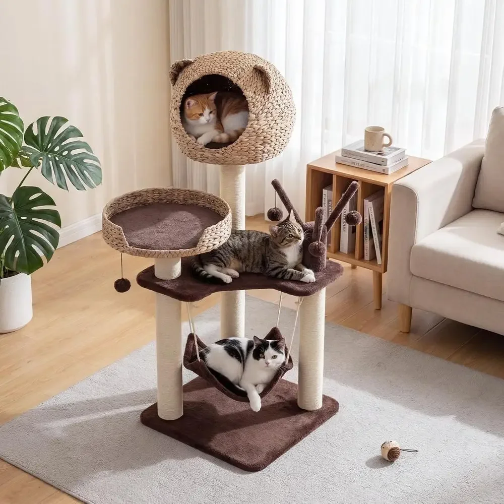 Multi-Level Cat Tree with Sisal Posts, Hammock, and Cute Condo with Toy Balls (Brown)