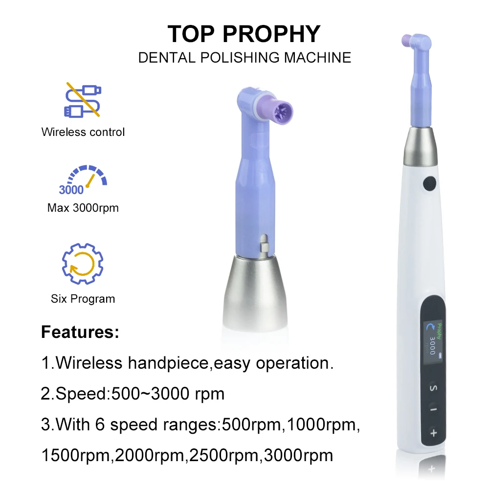 

Wireless LCD Screen Dental Polishing Motor with Prophy Handpiece + 2Pcs Universal Angles - Max 3000RPM, 6 Gears