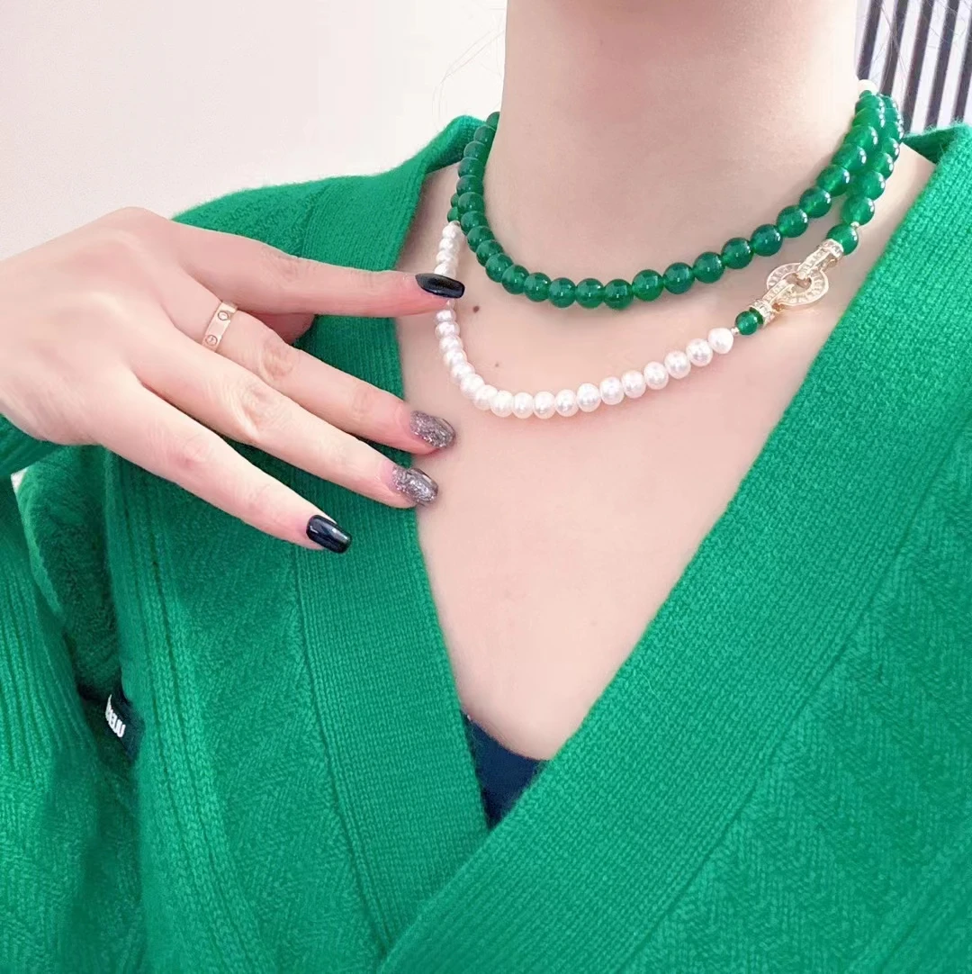 Natural White Pearl Green Agate CZ Pave Long Necklace Sweater Chain Necklace For Party Women Gift