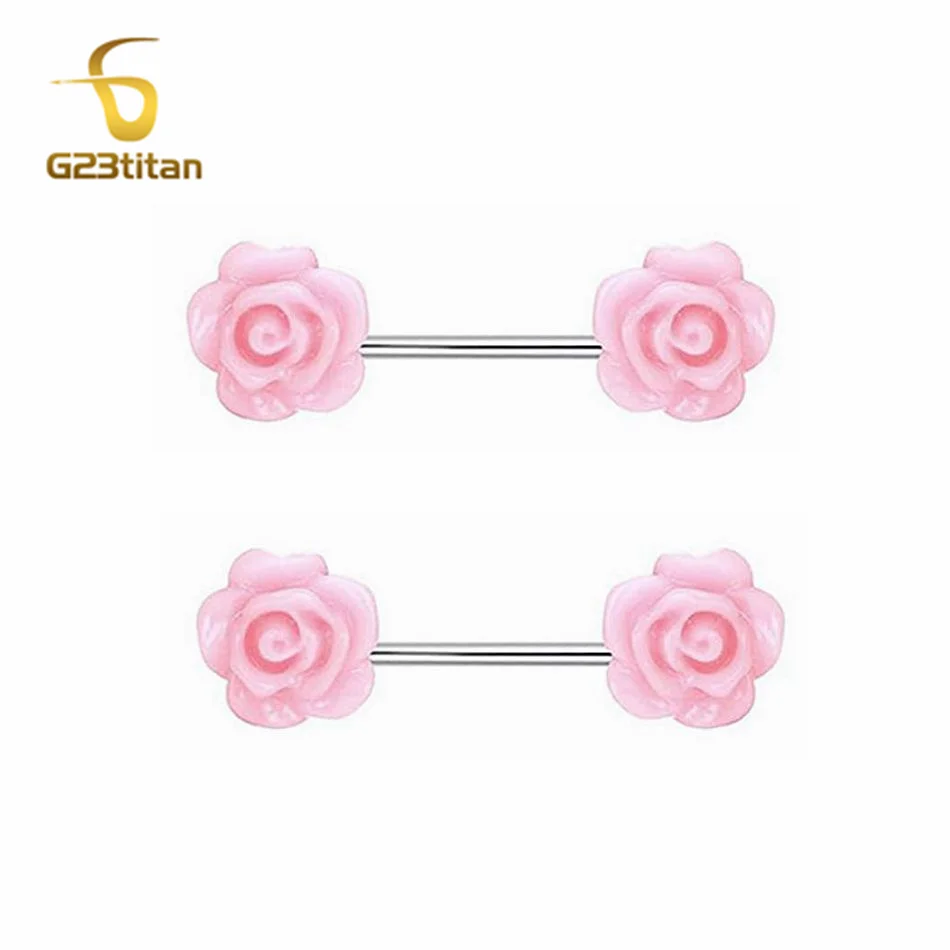 

2pcs Pink Rose Flower Nipple Rings 14G Titanium or Steel Straight Barbell Hypoallergenic Piercing Women Dainty Nipple Jewelry