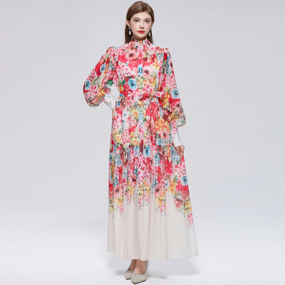 

2026 Summer Holiday Chiffon Gorgeous Flower Maxi Dress Women's Stand Long Lantern Sleeve Sashes Floral Print Loose Robe Vestidos
