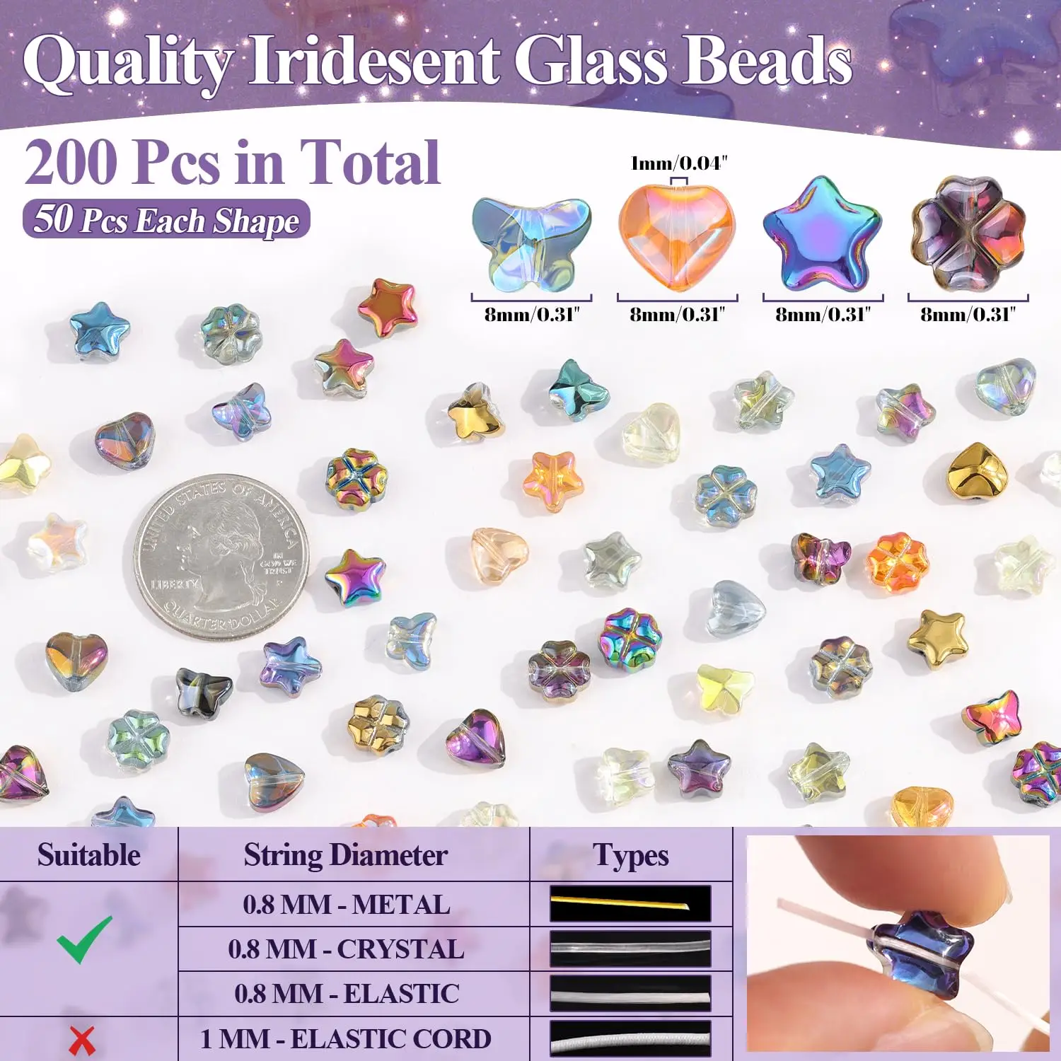 50Pcs 8mm Mixed Glass Beads Star Heart Butterfly Flower Loose Beads for DIY Necklace Bracelet Earring Jewelry Making Crafting image 2