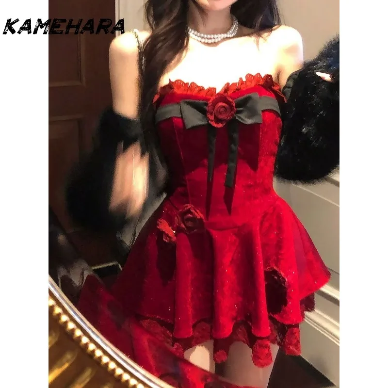 

KAMEHARA French Hepburn Style Sexy Patchwork Strapless Mini Lace Dress Loose Jackets Winter Two-piece Sets أطقم نسائية قطعتين