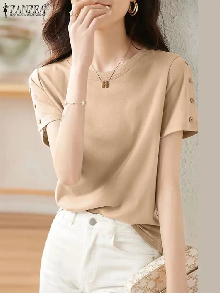 ZANZEA Women Solid T-shirts Casual Round Neck Tops 2024 Summer Short Buttons Sleeve Tees Korean Fashion Simple Basic Tunics