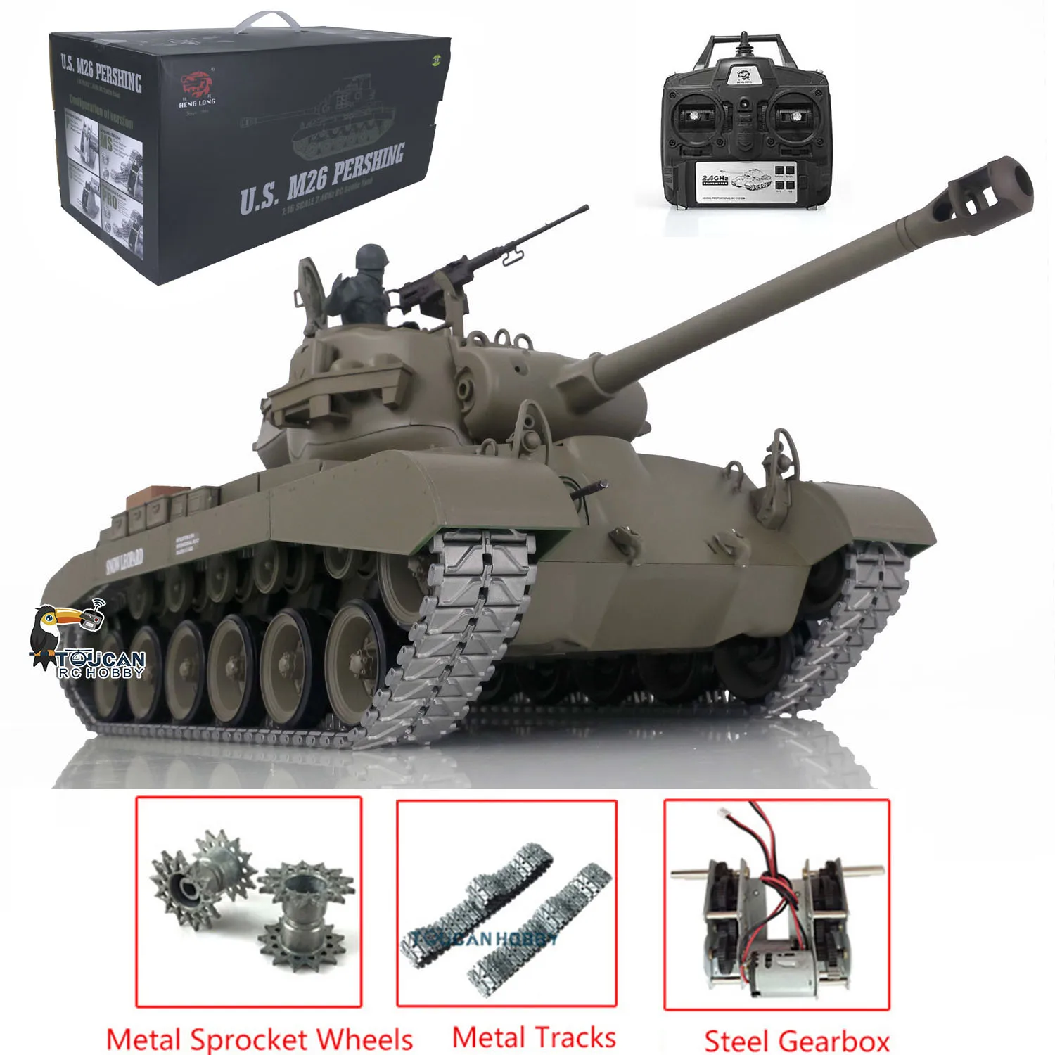 HENG LONG M26 퍼싱 RTR RC 탱크 3838, 1/16 체중계 7.0 업그레이드 메탈 트랙 기어박스 아이들러 리모컨 장난감 TH17304-SMT4