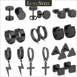 LUXUSTEEL 2 Pieces Punk Hoops Earrings For Men Black Stainless Steel Basic Geometric Ear Jewelry Gothic Hiphop Male Cool Earring