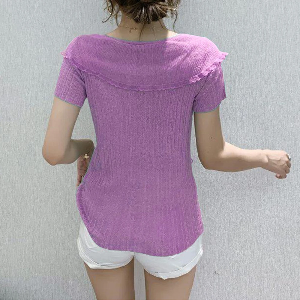 Fashionable Spliced Slim Fit T Shirt Lady V-Neck Sweater Women Pink White Black Violet Short Sleeve Tees Female Ruffle Edge Tops