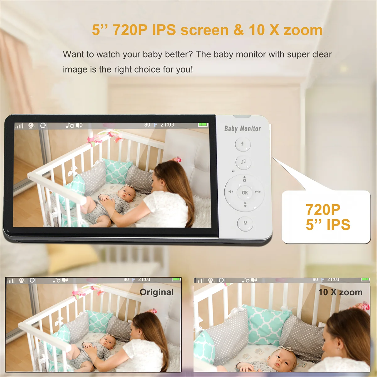 

5Inch IPS Screen 720p Wireless PTZ Intercom Baby Monitor Cry Detection Feeding Plan BabySitter Nanny Camera Take Photo&Video