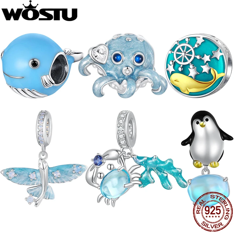 

WOSTU 925 Sterling Silver Octopus Charm Enamel Blue Ocean Living Creature Sea Fish Pendants Fit Original Bracelet Cute DIY Gift