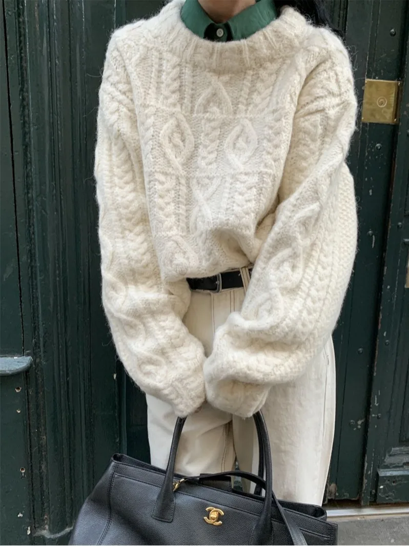 

Свободный женский вязаный свитер круглый Ne Thi Needle Twist осень-зима ленивый высококачественный ор Sle трикотаж из полиэфирного волокна