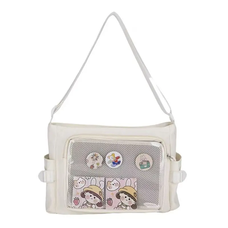 Y2K Transparent Ita Bag Large Capacity Crossbody Bag with Side Pockets Pin Display Casual Shoulder Bag for Women School Travel
