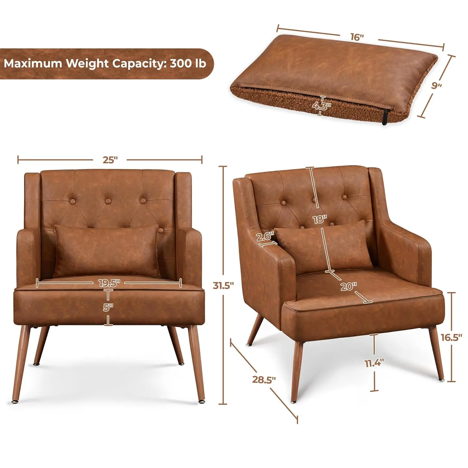 Set of 2 Brown Accent Chairs, Mid Century Modern Faux Leather Armchairs with Lumbar Pillows, Upholstered Reading Chairs