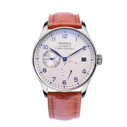 Parnis 43mm Silver Case Mechanical Automatic Watches Men Power Reserve Calendar Brown Leather Strap Watch With Box Gift Clock