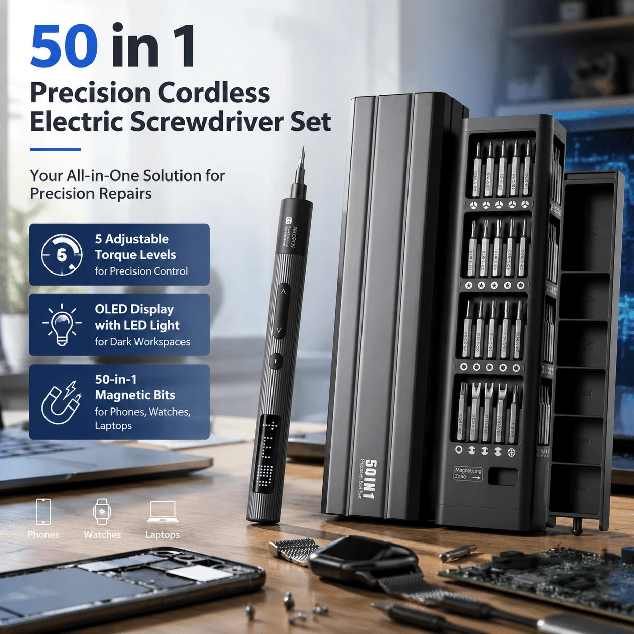 50 in 1 Precision Cordless Electric Screwdriver Set USB Rechargeable Mini Power Drill with LED Light Phone Watch Repair Electronic Device DIY Fixing Hardware Hand Tools Systems Professional Magnetic Bits Kit Portable Compact Multifunctional