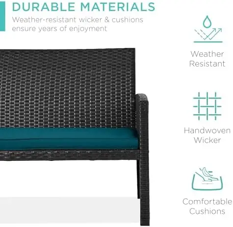 4-Piece Outdoor Wicker Patio Conversation Furniture Set for Backyard w/Coffee Table, Seat Cushions - Black/Peacock