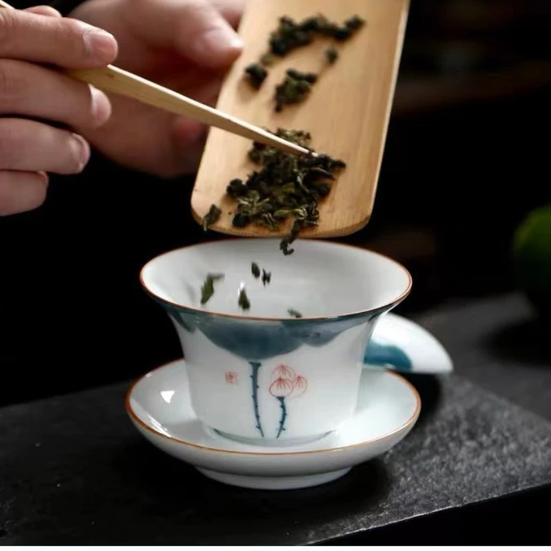 Hand-painted Tea  Fat Jade White Porcelain Gaiwan Household Ceramic Tea Infuser Traditional with Cover Teacup