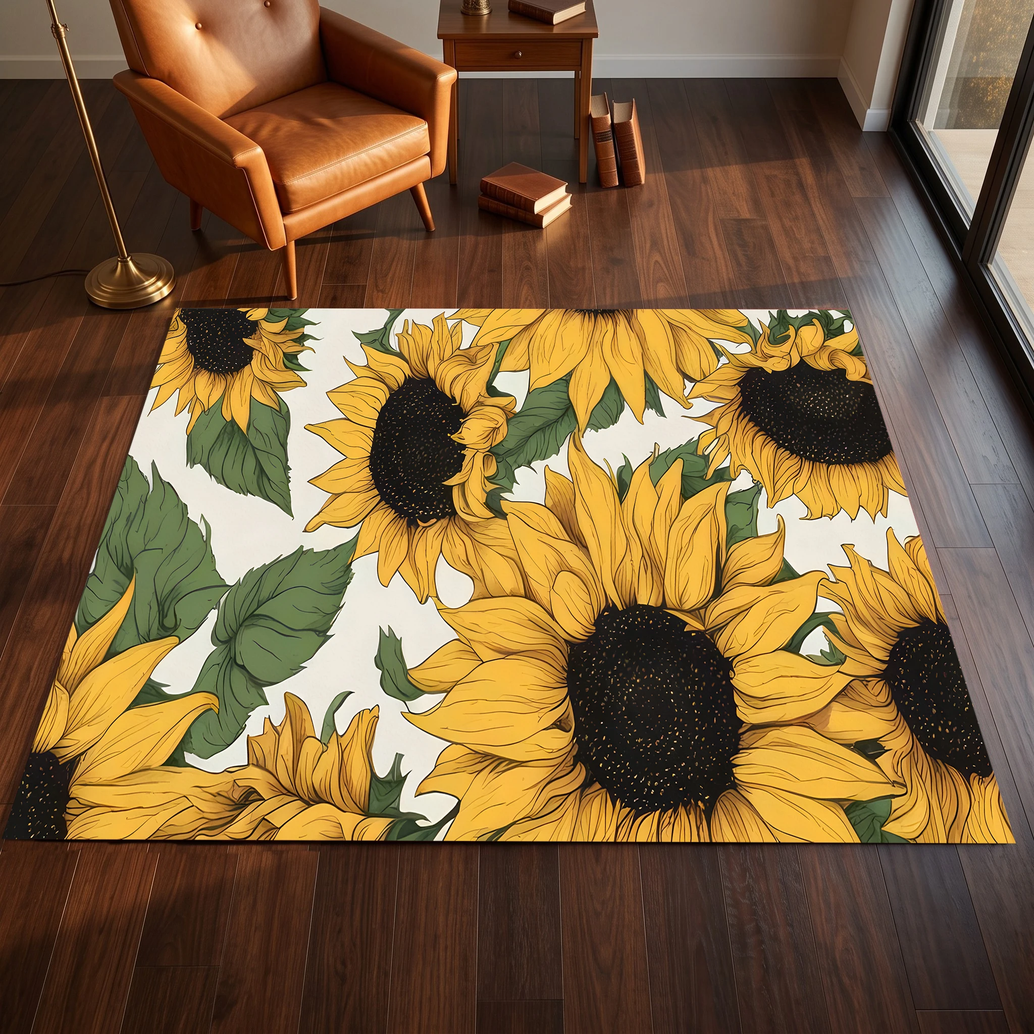 A Full-Print Sunflower-Themed Fresh and Pastoral Style Velvet Rug, Perfect for Autumn and Winter, Suitable for Bedroom Bedside/Living Room Coffee Table Area, Creating a Warm Autumn Harvest Atmosphere