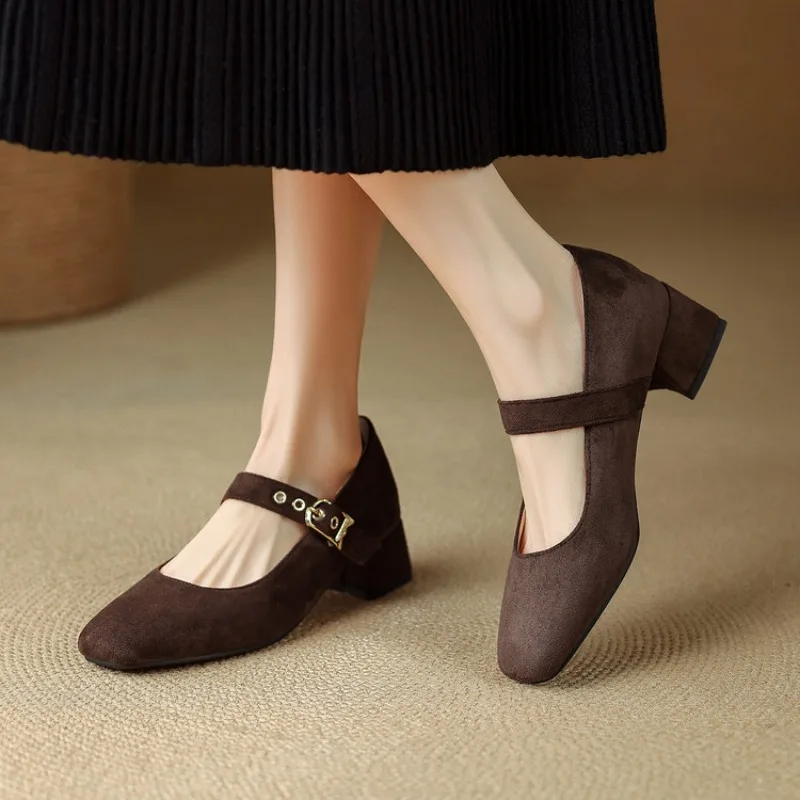 Brown Women Faux Suede Pumps Square Toe Flock Suede Buckle Strap Girls 31-43 Soft Leisure Daily Shoes Mary Janes Single Shoes