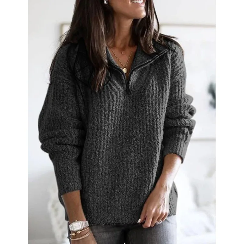 Autumn Winter Warm Pullover Sweater Women's Fashion Solid Lapel Long Sleeve Knitwear Zip Neck Loose Lady Jumper Knitted Sweater