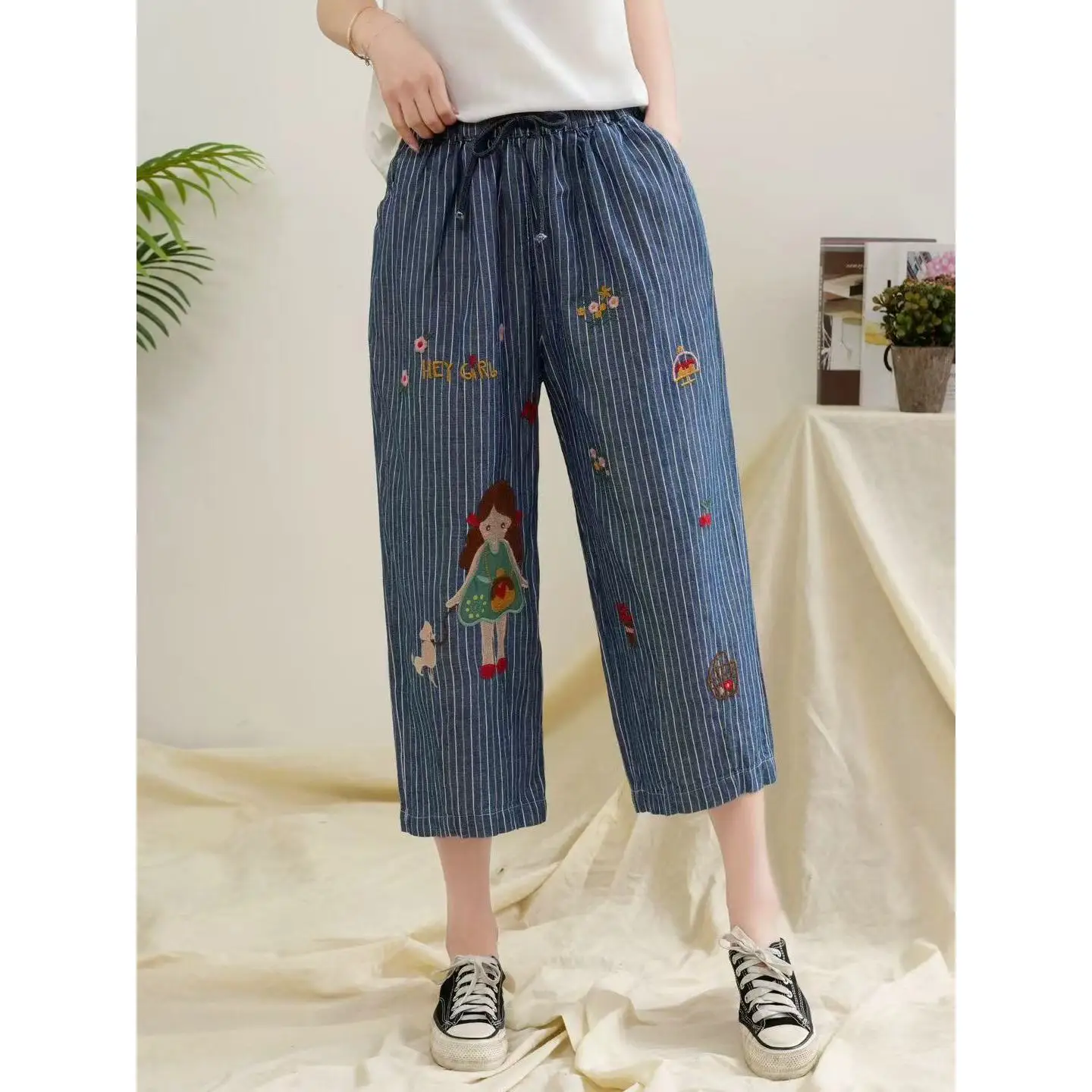 

Cute Cartoon Embroidery Elastic Waist Calf-Length Pants Women Summer New Japanese Mori Girl Casual Loose Straight Pants