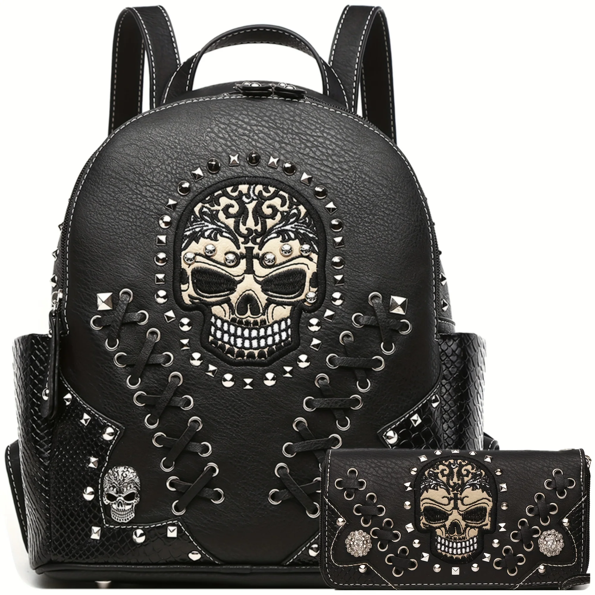 Sugar Skeleton Punk Art Rivet Riding Women's Fashion Python Backpack Shoulder Bag Wallet Set (Black Set), Large Size