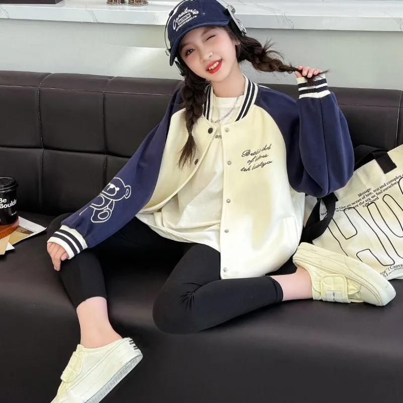 2025 New Girl's Color Blocked Baseball Jacket Spring Autumn Coat for Tween Girls Retro Kids Jacket with Contrast Color Design
