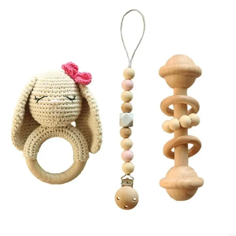 

Q22D 3 Pcs/Set Baby Wooden Bracelet Crochet Rabbit Music Bed Teething Toy Rattle Soother Molar Infants Teether Newborn