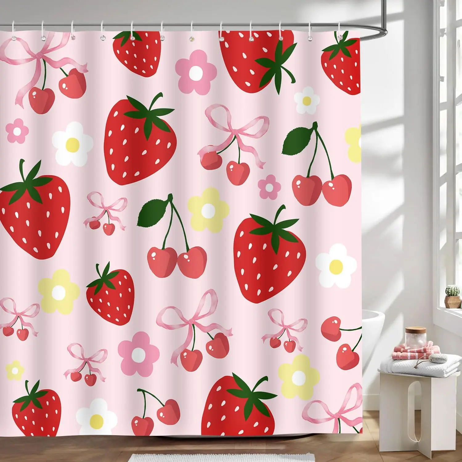 Sweet Pink Bow Strawberry Cherry Shower Curtain, Retro Preppy Floral Berry Spring Summer  Bathroom Decor Curtain With Hooks