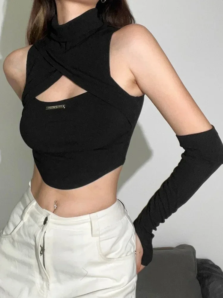 Casual Hollow Out Top Sexy Fashion Crop Tops Slim Half-Height Leader Set Accessories Solid Colour Streetwear Edgy Clothes Y2k