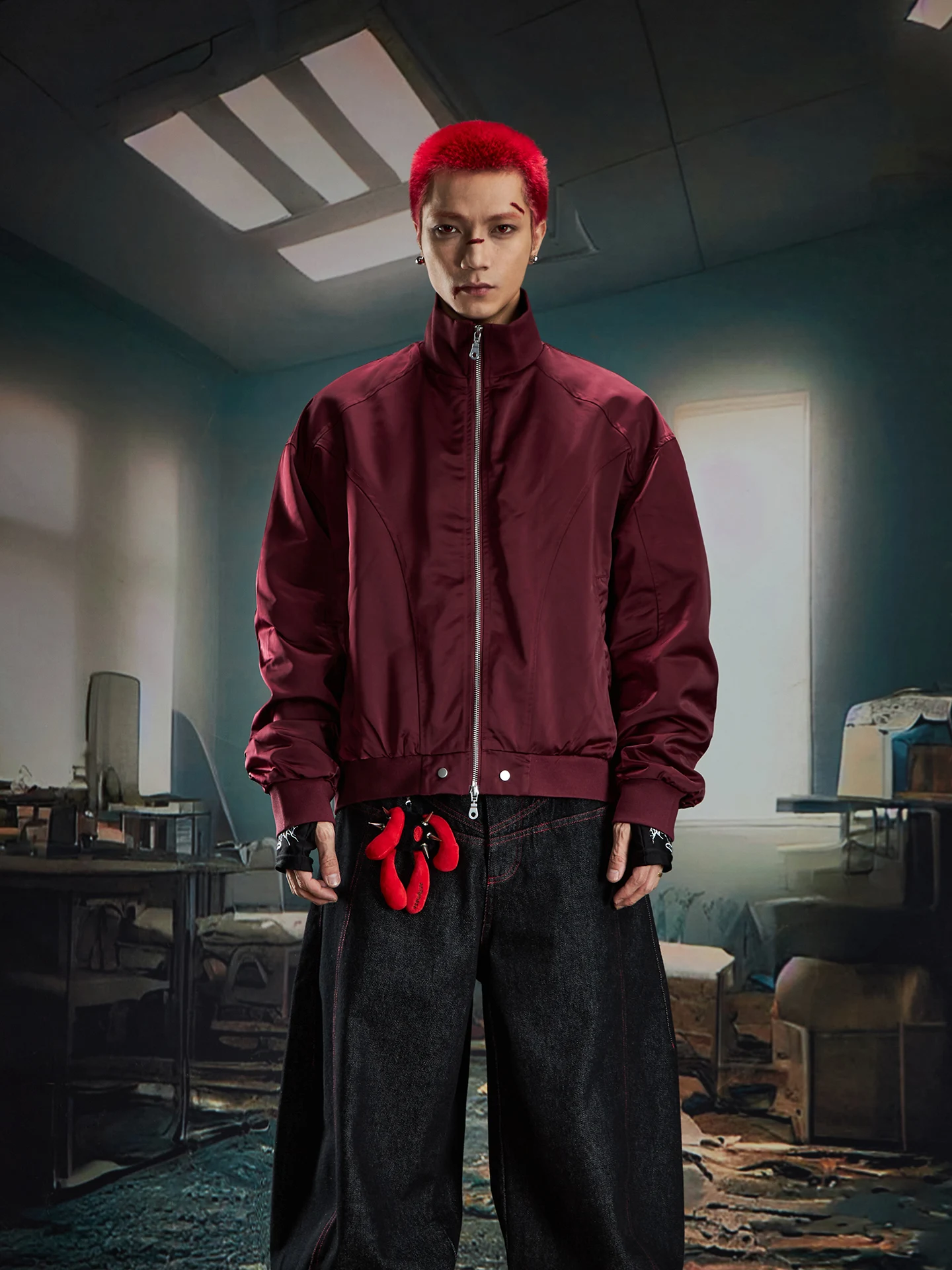 Personalized Light Sense Short Stand Collar Zipper Jacket Coat Top Pleating Sleeve Men and Women