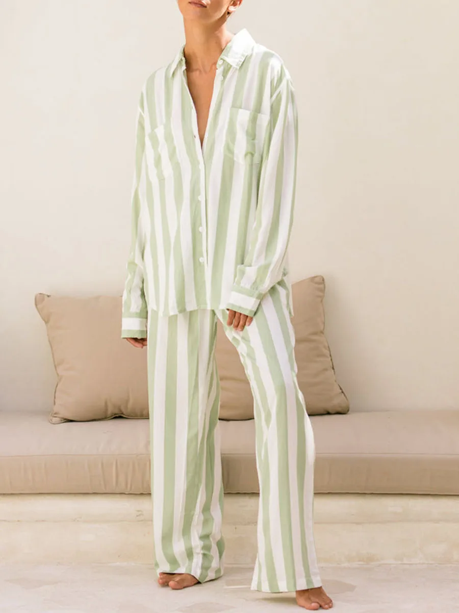 Women Striped 2 Piece Pajamas Set Y2K Long Sleeve Baggy Shirt Wide Leg Pants Lounge Sleepwear Pj Matching Sets