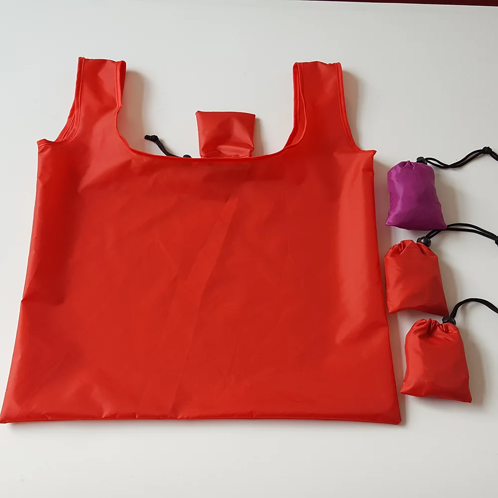 Stylish Vest Style Polyester Folding Shopping Bag Large Capacity Sturdy Storage Tote Bag with Drawstring