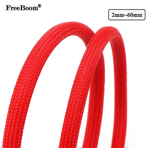 Mangas trenzadas de PET rojas de 1 ~ 50m, 2/4/6/8/10/12/14/16/20/25/30/35/40/50/60mm, funda de envoltura de Cable de piel de serpiente aislada de alta densidad