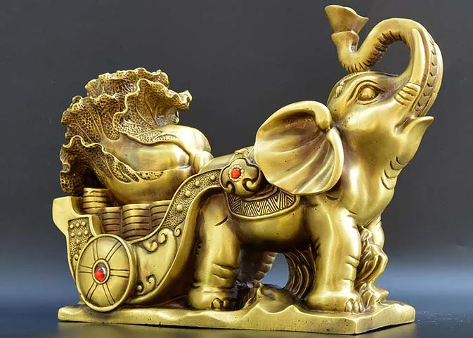 34CM #  HOME office SHOP TOP Money Drawing GOOD LUCK Mascot Thailand India elephant GOD FENG SHUI Brass statue