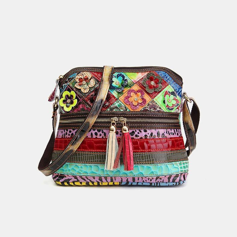 Annmouler projektant kobiet Patchwork Crossbody torba z prawdziwej skóry torebka kobieca torba na ramię muszla kwiatowa torba Bolsa torebka