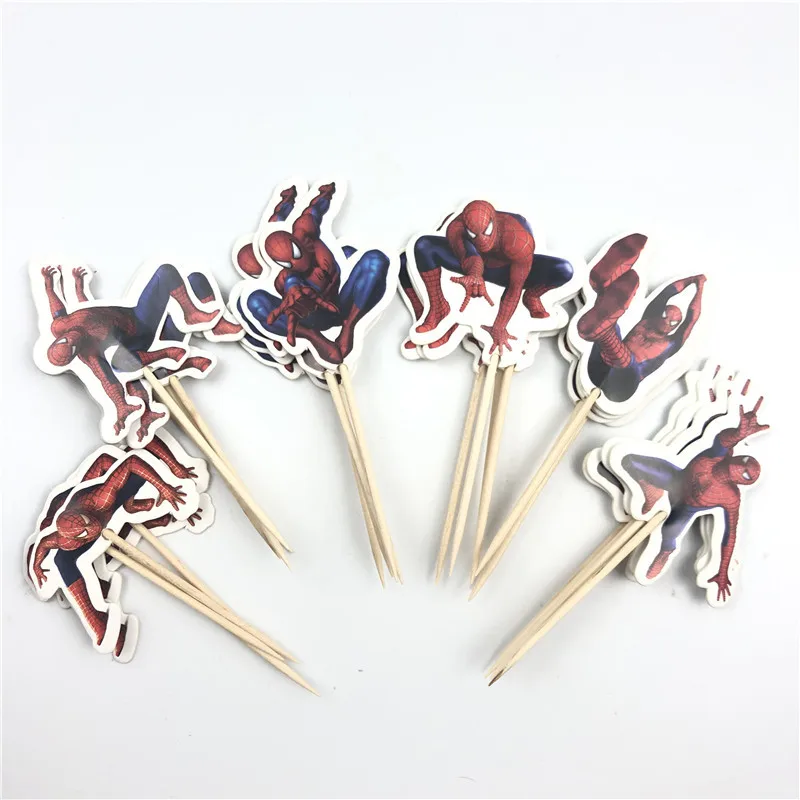 24pcs Spiderman Cake Topper Birthday Party Decoration Super Hero Cake Card Fruit Plug-in Birthday Party Supplies Toys Kids Gift